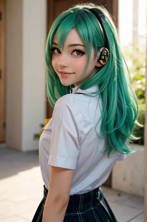  green hair、my hair is long , But I'm using it on the back、 European girl  、  black uniform、yellow eyes、 It's cute  、 Cold、  expressionless  , beautiful 18 year old age girl ,  gold-colored eyes , purple school uniform , Earphones , happy ,  cute smile  , ...