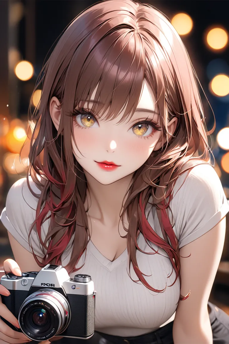 1 girl, alone, high image quality, Look, brown hair, cowboy shot,  longer lashes from si, camera, cameraをくわえている, with golden eyes,  pink,  red lips, shiny hair, long hair, chest, 大きなchest, black v-neck knit, HDR, UHD, Photographic Reality, extra fine paint...