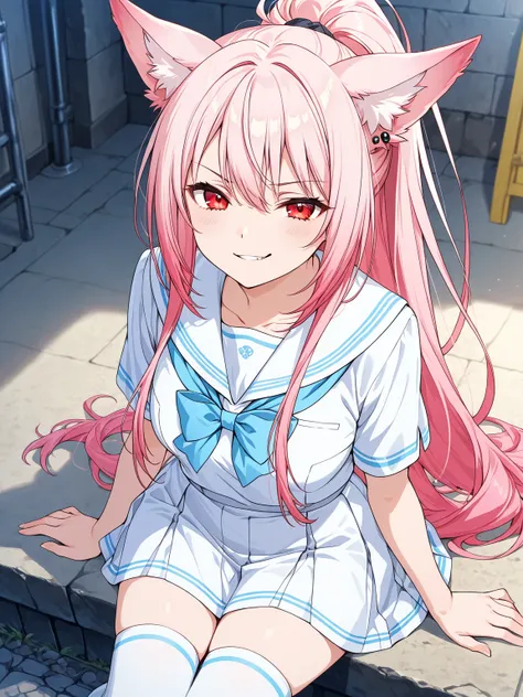 ((masterpiece, best quality, extremely detailed)), 1girl, pink hair, long hair, ponytail, long sidelocks, red eyes, fox ears, school uniform, white thighhighs, hair ribbon, looking at viewer, smirk