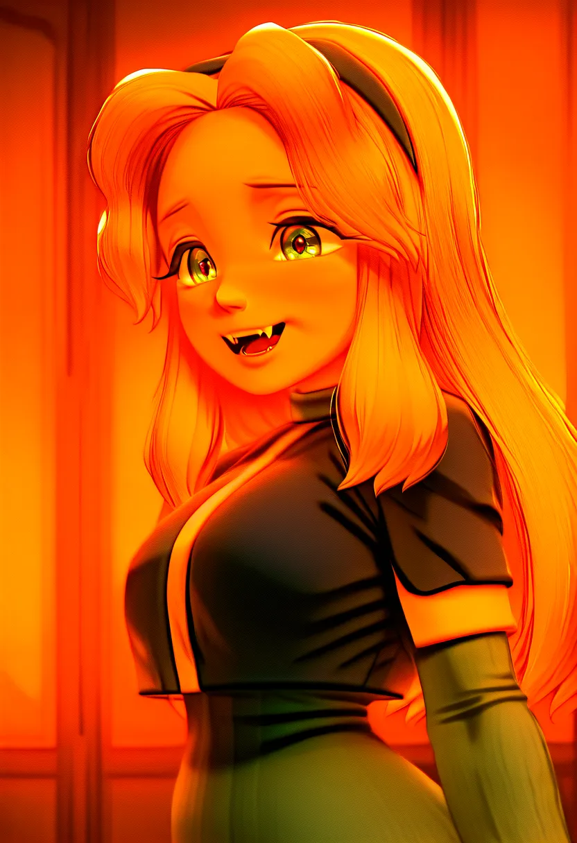 Maria from the game Sonic with very big boobs and wearing a sexy vampire costume with a neckline showing her tits and sharp fangs in a medieval city at night and looking like a naughty girl with a smile showing her fangs