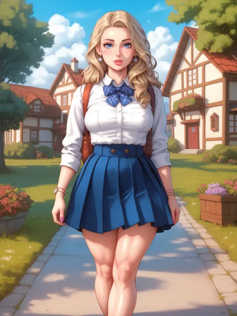 a 16-year-old girl calmly walking along the sidewalk of a quiet neighborhood on a hot summer afternoon, Coming home from school wearing a school uniform. photorealistic portrait,Person walking, calm expression, Realistic facial details, casual wear, soft l...