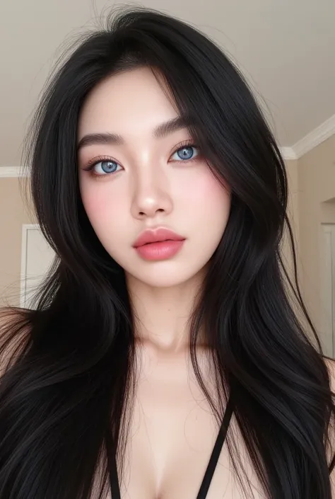 In Asian girl taking a selfie soft baby blue eyes and long black hair doll face with Dolly makeup