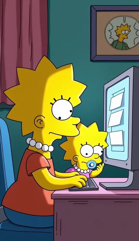 "Lisa investigating whether The Simpsons really predicted the final in The Simpsons animation style" – Lisa, sitting at a computer, researches old episodes to check if the prediction is real. Maggie, sitting beside her, sucks on her pacifier while curiousl...