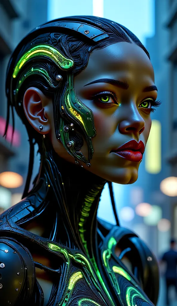 (best quality, 128k,highres,masterpiece:1.2),ultra-detailed,(realistic,photorealistic,photo-realistic:1.37), ((masterpiece)) ((photography)) ((Highest quality)) Full-body photo of A futuristic Rihanna, a cybernetic Bkack woman with a blend of human and rob...