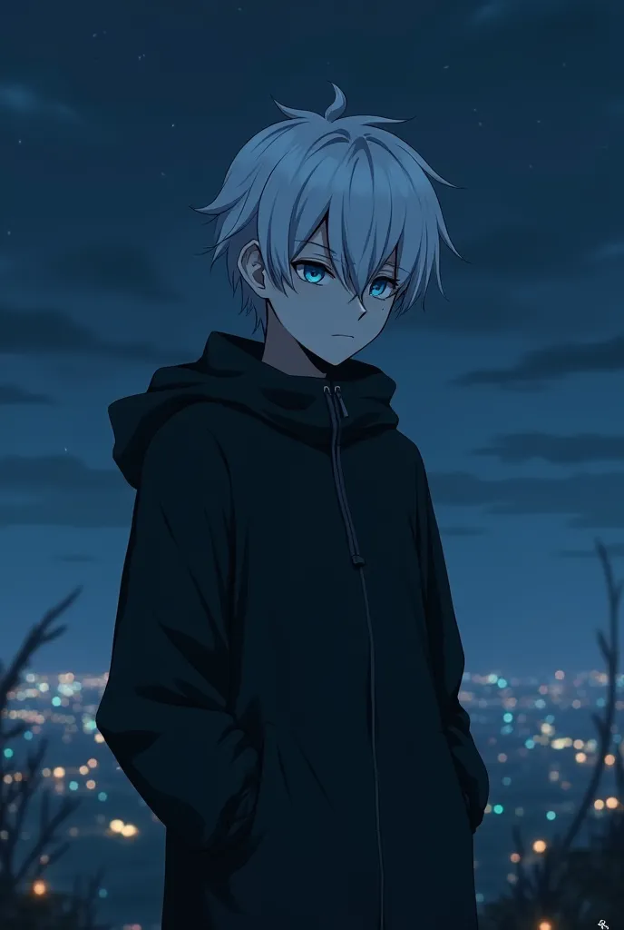 An 18-year-old boy is a sad anime wearing black, white skin, white hair and blue eyes. He is sad and alone in an anime night