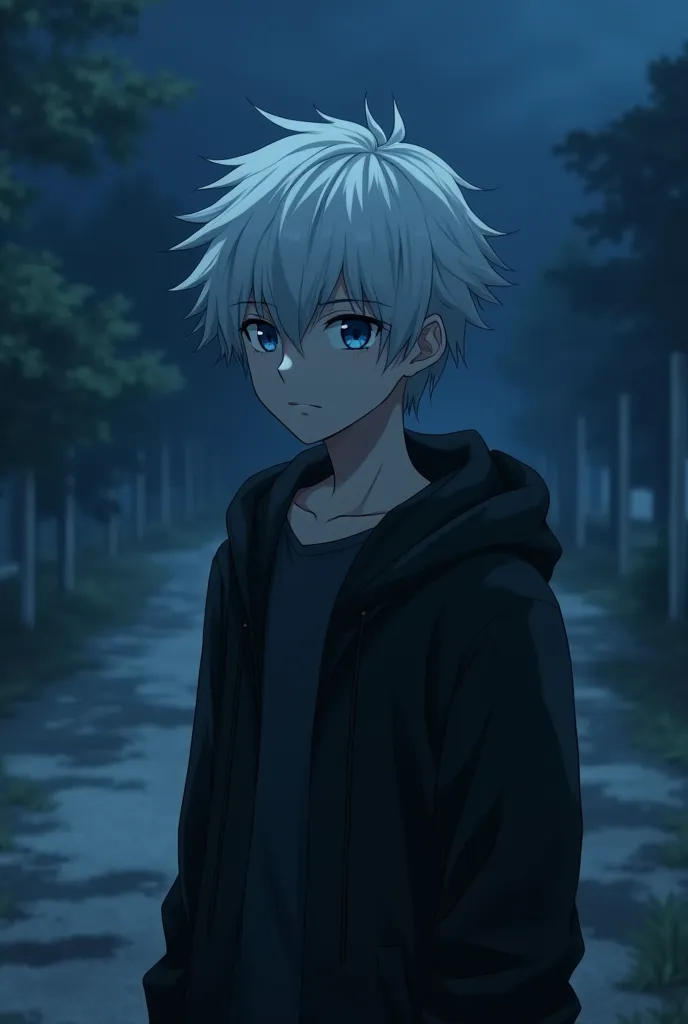 An 18-year-old boy is a sad anime wearing black, white skin, white hair and blue eyes. He is sad and alone in an anime night