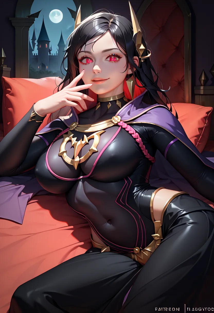 1girls:1.2, RobinRearm, very long black messy hair, red eyes, official alternate costume, long black hair, red eyes, hair ornament, black bodysuit, big large breasts, bridal gautlets, cape, covered navel, evil smug, vicious, sexy, post-apocalypse, late nig...