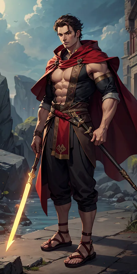  Tall man , with red cloak holding a spear and wearing sandals with energy coming out of the body