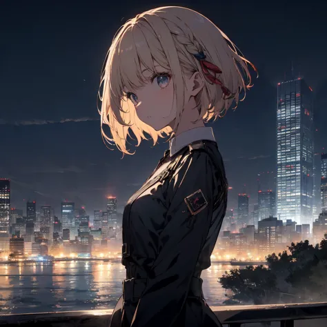 table top, Best Quality, shape,  wallpaper, Very Detailed, absurd, one girl, alone, ( 1 medium short hair、 short braided hair), Beautiful fine details, (street:1.3),  night view、hair blown in the wind, (Panoramic Views:1.3), (Depth:1.5), (Long Hit:1.3)