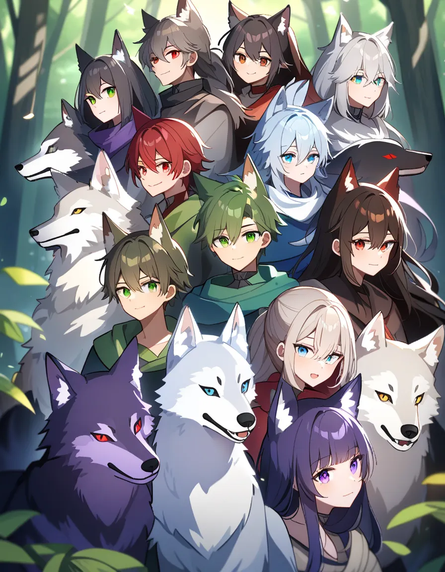 A forest with a pack of wolves, black wolf and red eyes, White wolf with red eyes, white wolf with green eyes, white wolf with green eyes oscuros, red wolf with blue eyes, yellow wolf with one green and one white eye, purple wolf with brown eyes