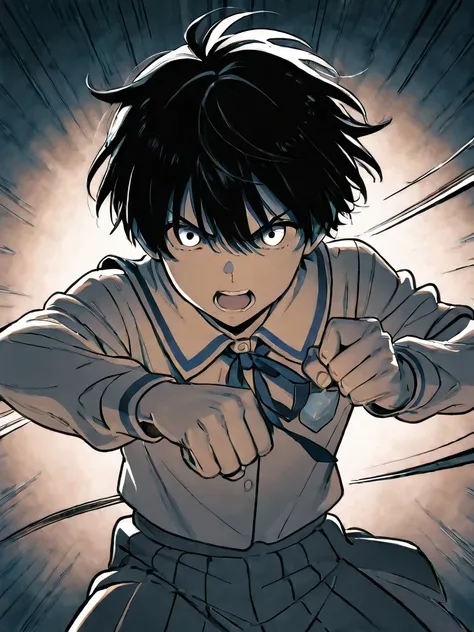 1 boy,  short hair ,  school uniform  ,fight,Monochrome manga 