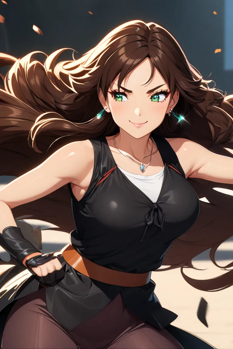 "anime woman, 25 years,Megan Fox face fighter, Action ,  manga style, Brown Hair, Alone, long hair, high resolution,  smile,  Very long hair, closed mouth, best quality, high resolution,  earrings, green eyes, simple background, throw, anime-Stil, anime, 
...