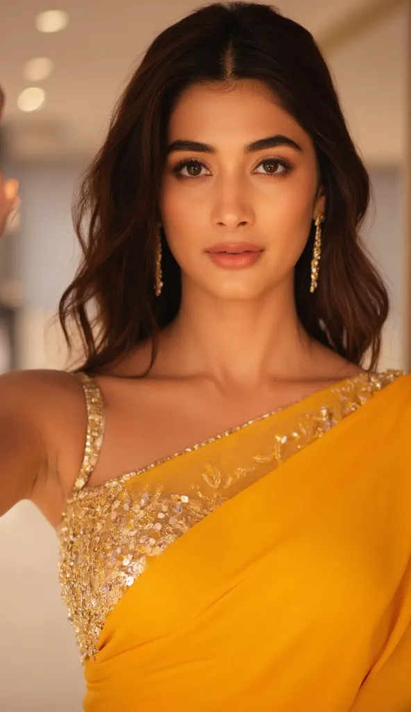 Generate a close up front image of a woman in a saffron semi transparent sleeveless saree. The blouse is golden colour with mirror sequins. It has no sleeves and has a golden satin finish with off shoulder spaghetti strap. The woman is giving a sexy, seduc...