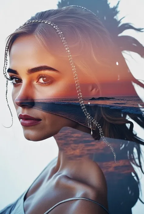 high quality, 8K ultra HD, Una hermosa  double exposure que combina una silueta de diosa con la costa al atardecer, the coast at dusk should serve as a backdrop,  with its details incorporated in the goddess, sharp lines, The background is monochrome, shar...