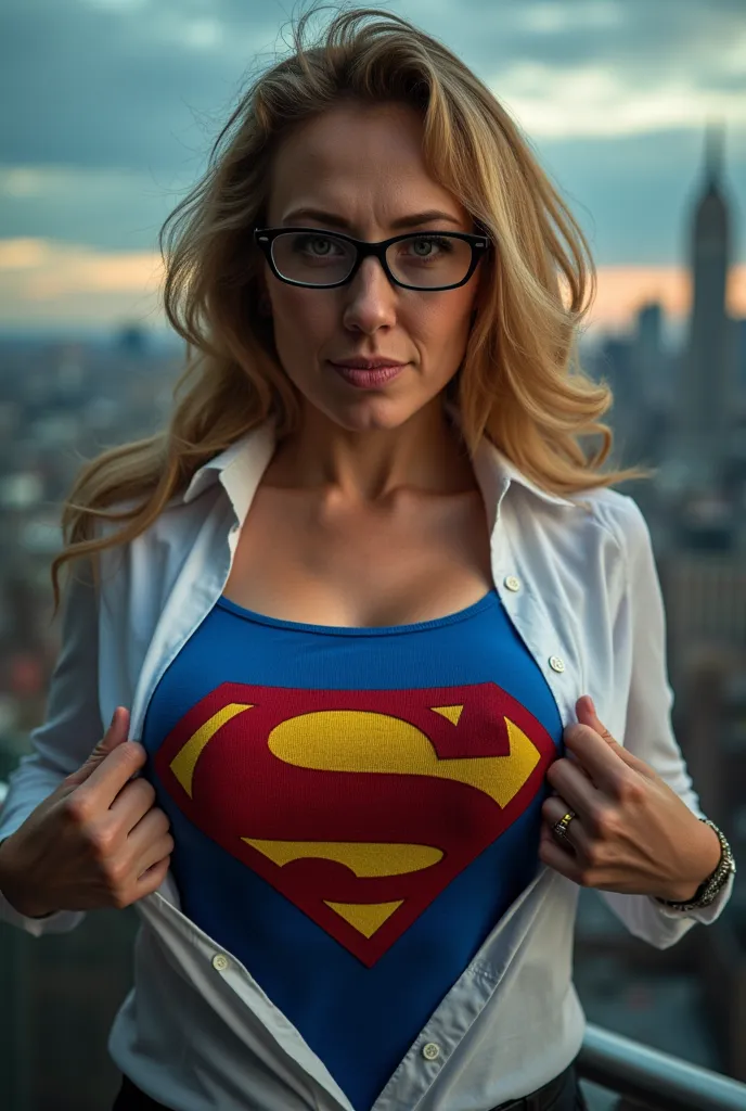 Hyper-realistic cinematic photograph. Beautiful busty 
25 year old English woman. Serious face. Long blonde wavy haired. Massive breasts. Wearing glasses. Grabbing her blouse, with both hands.  Pulling open a white blouse with both hands to show a classic ...