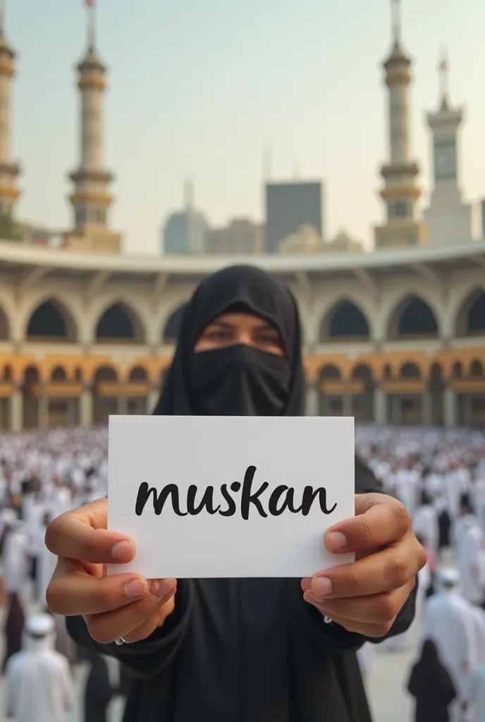 
A  is holding on hand a white card that says "muskan
" in front of a Makkah 

