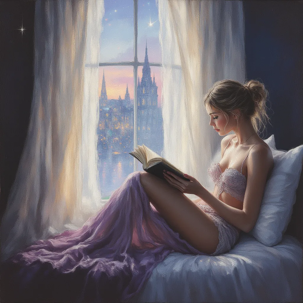 A beautiful young caucasian woman sitting at her frosted bedroom window reading a book. staring out over Amsterdam at night. wearing a hitched silk night gown. colored charcoal drawing in the style of Luis Royo, rendered image, 8k, trending on artstation 