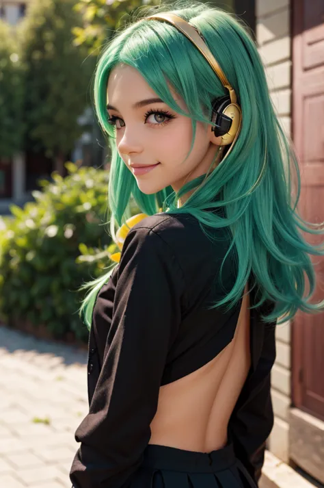  green hair、my hair is long , But I'm using it on the back、 European girl  、  black uniform、yellow eyes、 It's cute  、 Cold、  expressionless  , beautiful 18 year old age girl ,  gold-colored eyes , purple school uniform , Earphones , happy ,  cute smile  , ...