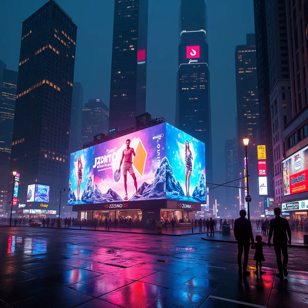 night, screen in New York with the advertisement that says: Jzonto and Cailinno
