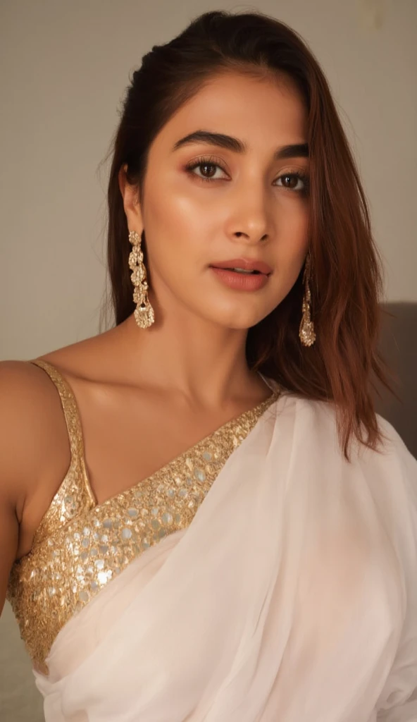 Generate a close up front image of a woman in a white semi transparent sleeveless saree. The blouse is golden colour with mirror sequins. It has no sleeves and has a golden satin finish with off shoulder spaghetti strap. The woman is giving a sexy, seducti...