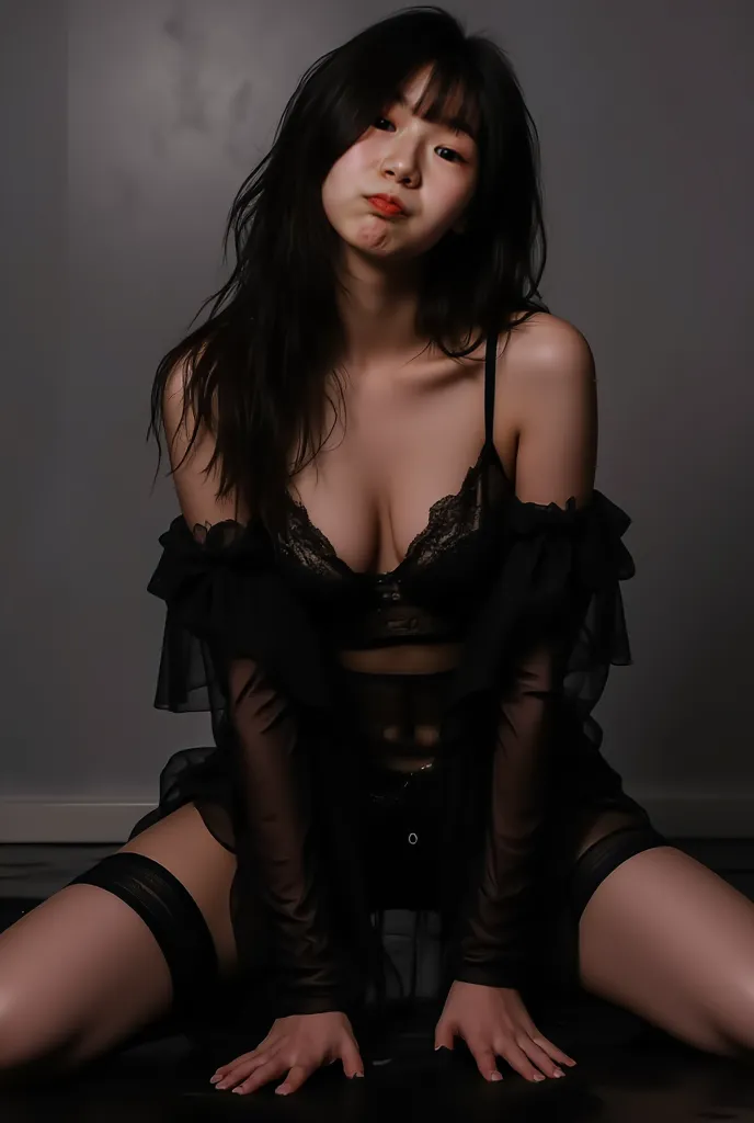 Kneeling with mouth and tongue in sexy lingerie front full body photo