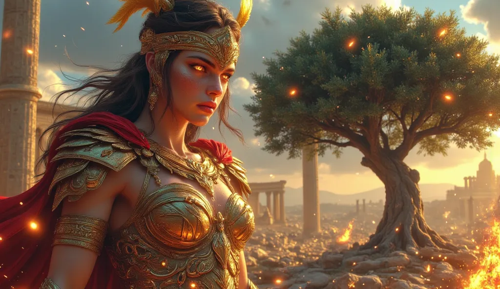 Athena Greek goddess with yellow eyes brown hair and armor and golden helmet next to an olive tree in an ancient city sparks and background fire and rocks 