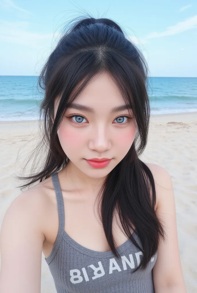 In Asian girl taking a selfie soft baby blue eyes and long black hair doll face with Dolly makeup a full body at the beach here putting a ponytail fulbody 