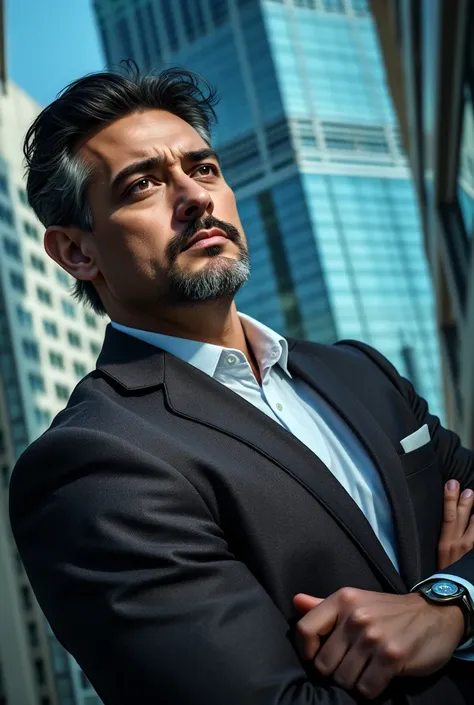 

"A man in a suit holding a briefcase full of money, standing in front of a companu building

