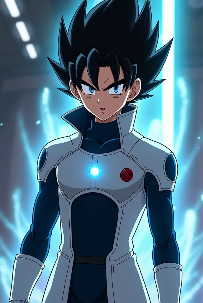 Dragon ball-style anime character about a young adult male Saiyan, with medium black hair, wearing scientific clothing 