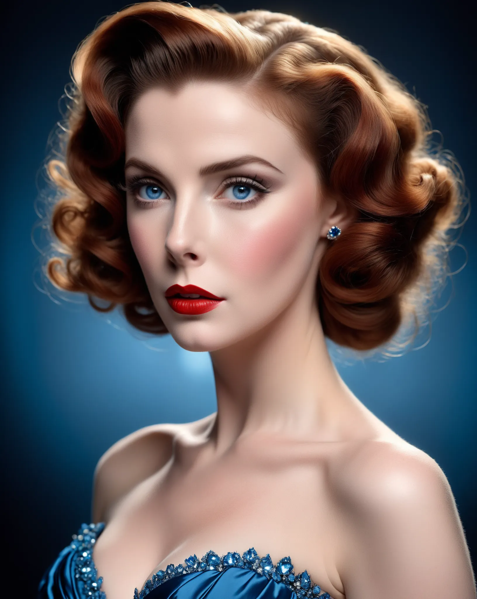 FACE SHOT OF A HYBRID FACE BETWEEN ELIZABETH TAYLOR AND KATHARINE HEPBURN, 29 YERS OLD, PALE SKIN ((VERY PALE SKIN)), HIGH CHEEKBONES, (( PROMINENT CHEEKBONES )), RED HAIR, BUN HAIR STYLE , VERY PALE SKIN, ROSY CHEEKS, ((HIGH DETAILED MENTAL FORAMEN)), (( ...