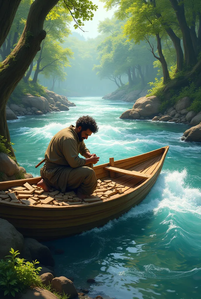 A wide, rushing river with Ali building a small wooden boat to cross it. The river is surrounded by dense forest. (River scene, dense trees, Ali crafting a boat.)