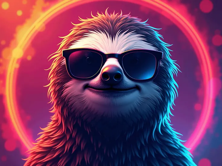 A sloth wearing dark sunglasses, positioned centrally in a vibrant abstract design.  The sloth's expression is relaxed and cheerful, almost smug.  Color palette is bold with vibrant, neon red, orange, blue, and purple hues. Abstract, flowing lines and swir...