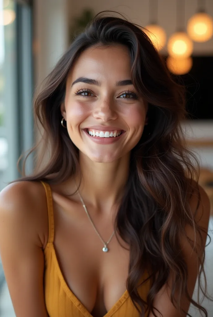 phone photo of a young woman with dark brown long wavy hairs and striking brown eyes smiles brightly. She is indoors, in a well-lit space featuring modern decor, including pendant lights and a large television in the background. The walls are painted in ne...