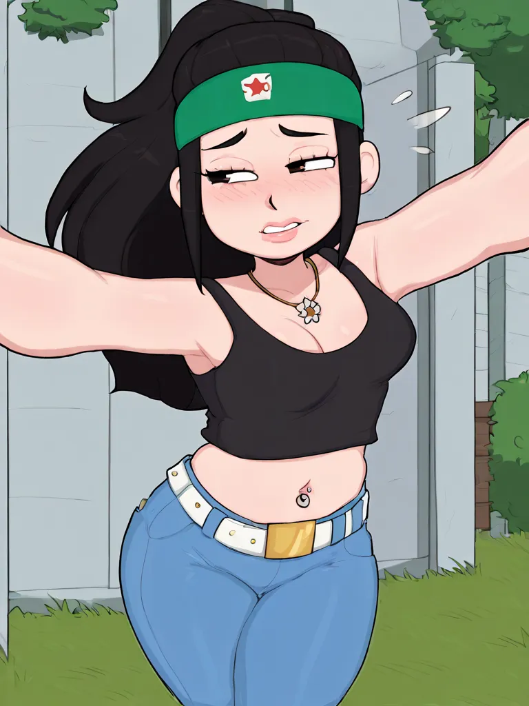 hayley, black hair, 1girl, solo, necklace, headband, green headband, long hair, breasts, tank top, black tank top, midriff, pants, blue pants, belt, navel piercing, upper body, posing, dynamic pose, front view, pov, averting eyes, outdoors, score_9, score_...