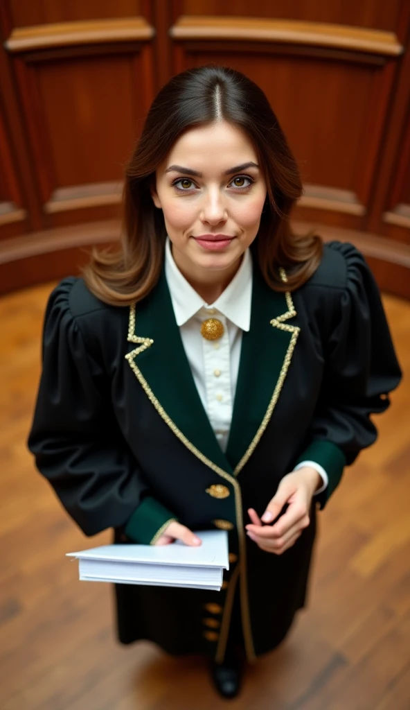 A top-down view of a female lawyer standing in a courtroom, captured from the ceiling looking directly down. She is wearing a black robe with green and gold embroidered edges, a white button-up shirt, and a decorative golden brooch at the collar. Her brown...