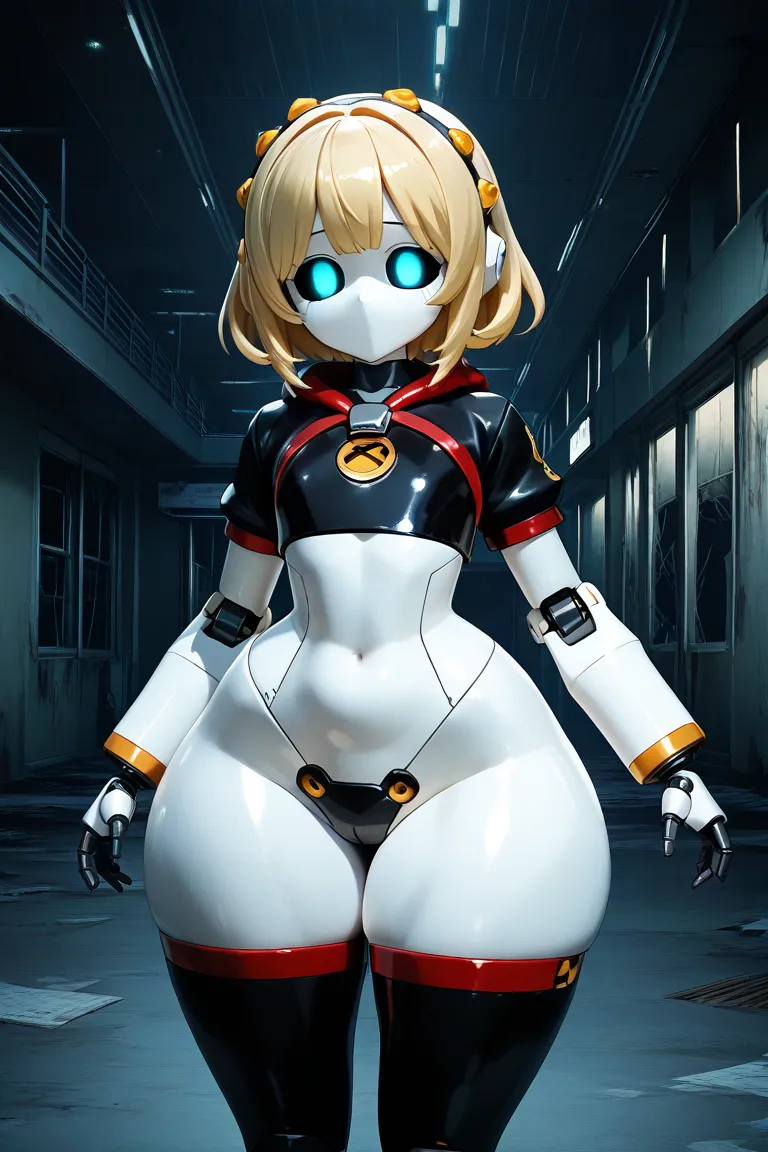 3D, CG, 1 girl, Alone , worker drone, blue eyes, bright eyes,   hollow eyes, robot,  Robotic joints ,  robot parts , blonde hair, Cut hime very short ,  red bangs, cowboy shot, flat chest, (wide hips, thick thighs, bottomheavy:1.3), bottomless,without pant...