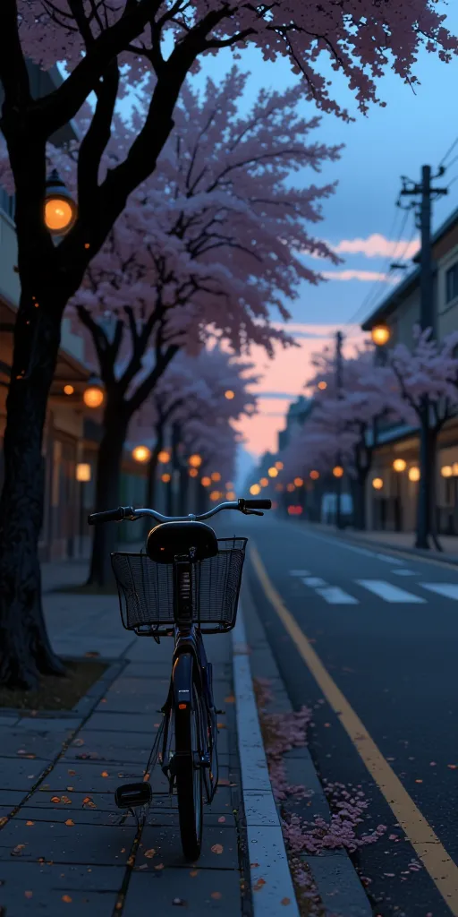 "A lone bicycle parked on the side of a quiet street in an anime-style town at twilight. The streetlights glow softly, casting long shadows, while cherry blossom petals float in the air. The background has blurred, distant buildings with warm lights, enhan...