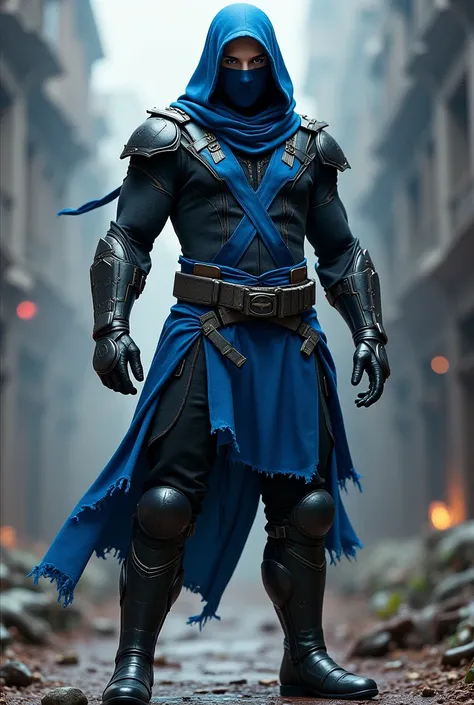 A ninja wearing an x-shaped outfit with blue and black color and a tight mask with his arms full of protections and with a high-top iron boot