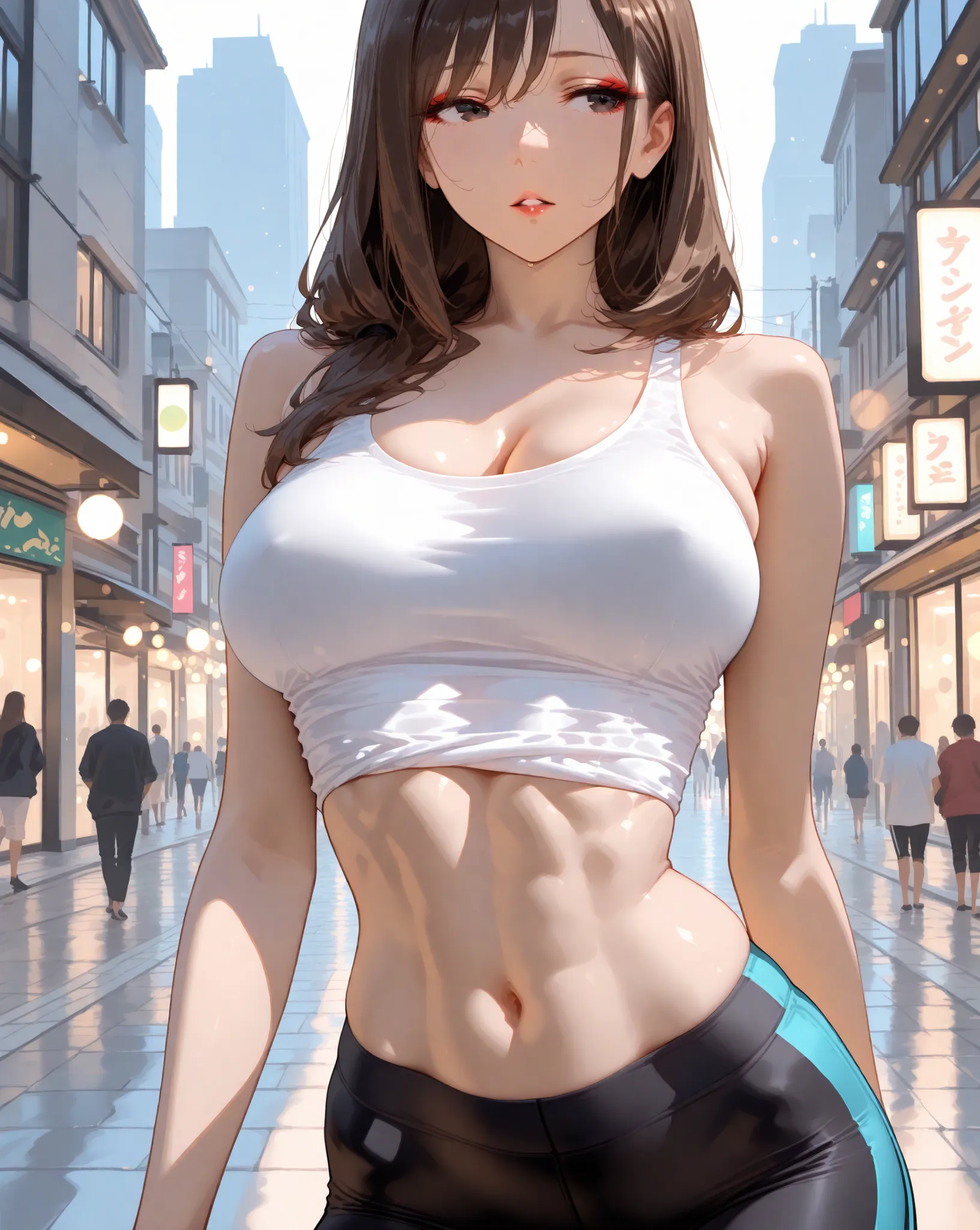 {{super detail, best quality, anatomically correct, high quality, high details, highres, masterpiece, best quality}}, masterpiece, best quality, solo, 1girl, long hair, brown hair, shirt, bare shoulders, white shirt, parted lips, sleeveless, solo focus, ta...