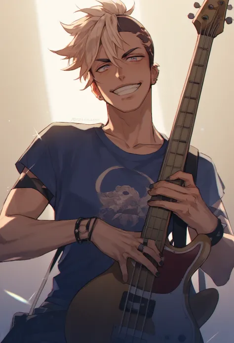 Punk anime boy, grin, piercings, best quality, ftm, bass guitar, lighting