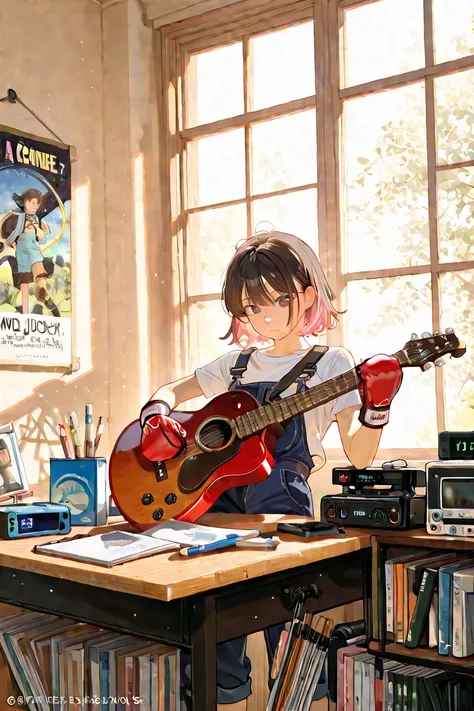 A wallpaper containing boxing gloves, pencil drawing, Guitar and video games.