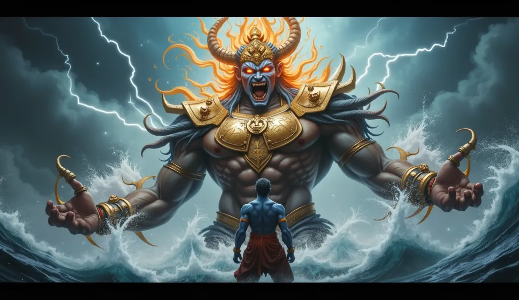 A towering, muscular Hanuman with blue fur and a monkey-like face descends from the stormy sky, his divine golden mace resting on his shoulder. His sharp, glowing eyes radiate divine energy. Below, the dark ocean churns violently as a massive, horned demon...