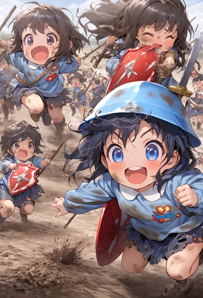 absurd, ５age, Kindergarten Mom Clothes, blue smock,  Dark Blue Skirt ,  cute, Sword and Shield,   Chambala, Fighting Girls ,   muddy, battlefield, dirty, Lively, fun,   best smile, Tornスモック, Torn,  muddyのスモック, Mud sticks , best smudge,  muddy skirt,  Tsuba...