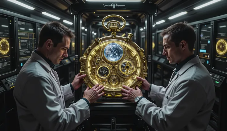 Future scientists manufacturing an aged gold hand watch, classic, but with technologies that allow time travel, you can see a futuristic 3D printer in the foreground, printing the watch while on the screens you can see concepts of time travel, holograms an...