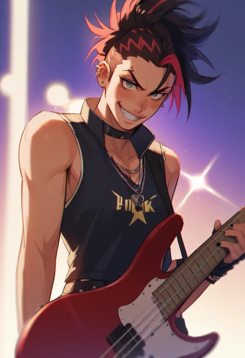 Rockstar anime boy, grin, piercings, best quality, ftm, bass guitar, lighting, punkrock, sexy, 