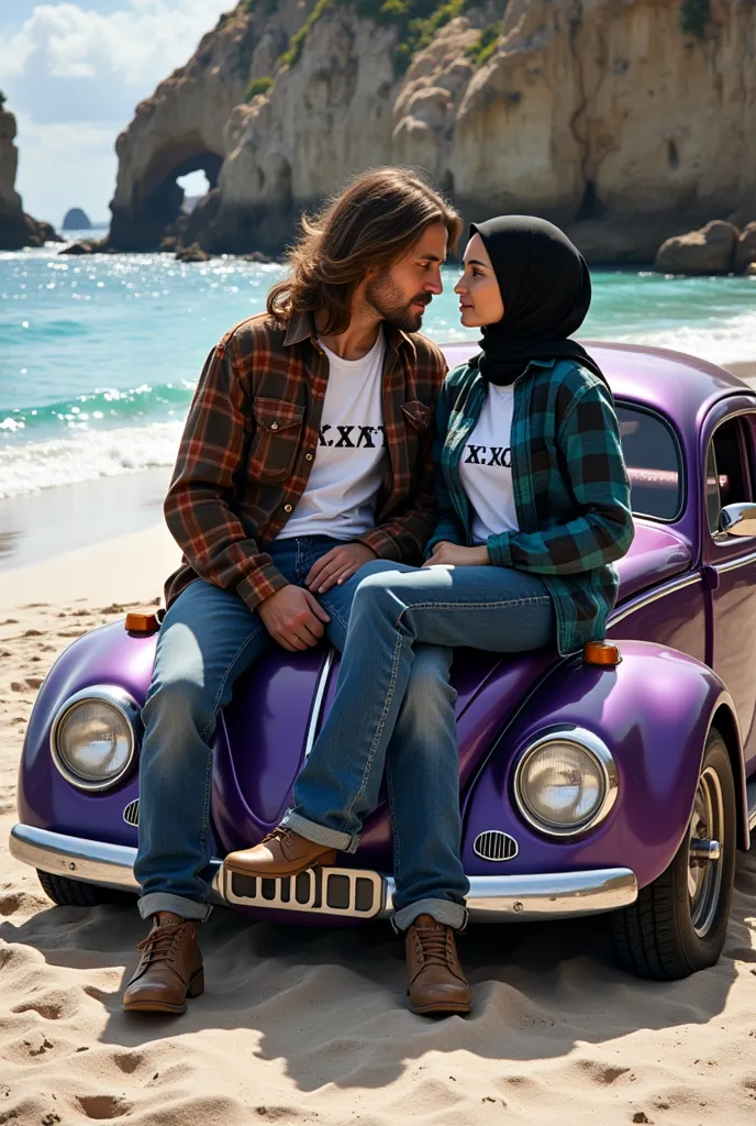 A cinematic, hyperrealistic photograph of a man with long hair wearing a brown flannel shirt, a white t-shirt with the text "XXXX", and a pair of old jeans. The man is sitting on the engine of a luxurious purple metallic VW Beetle with the registration num...