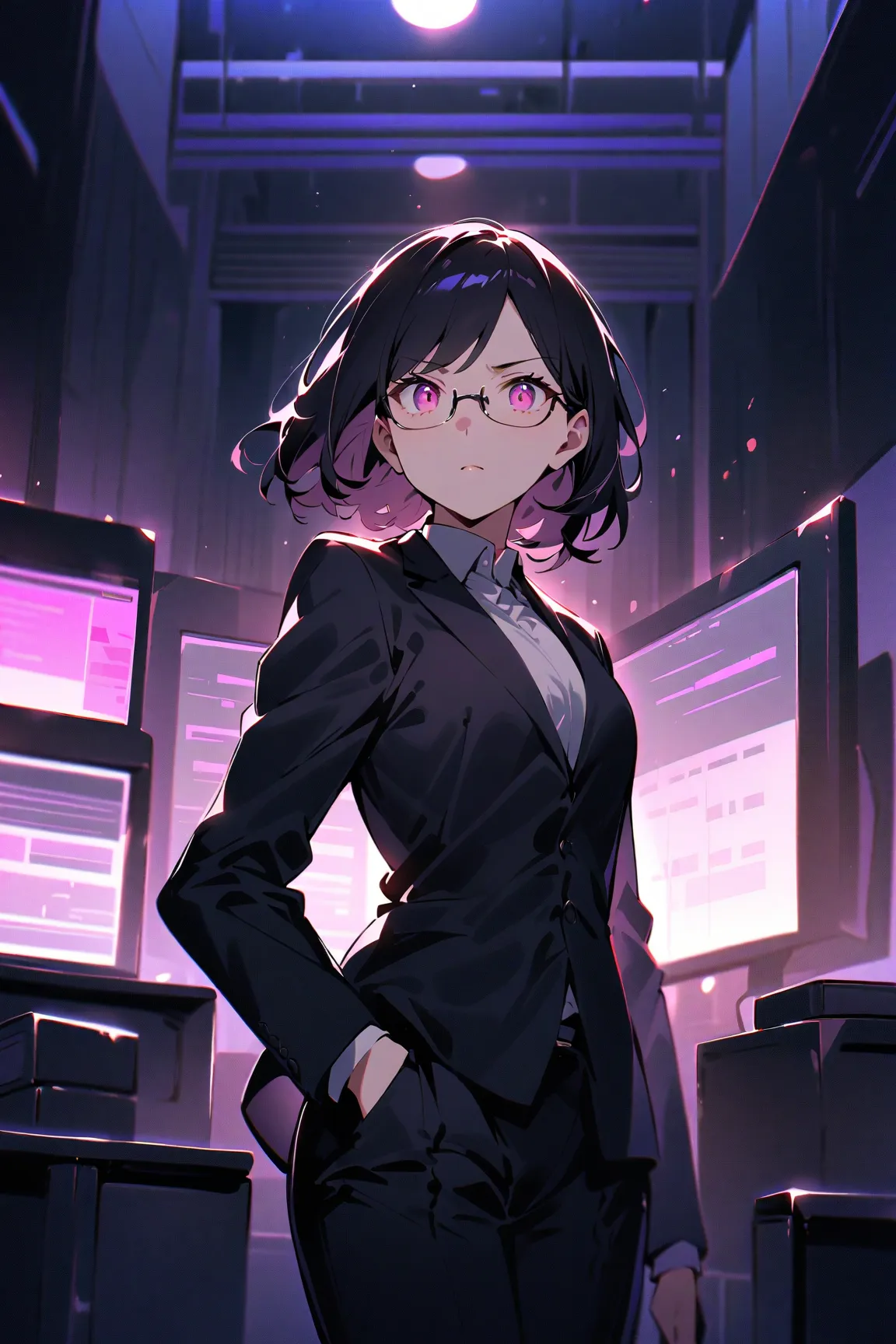 (score_9, score_8_up, score_7_up), source_anime, masterpiece, best quality, 1 cute girl, solo, japanese,short hair, black hair, pink eyes, office staff suit, jacket, glassess. looking at viewer, cool