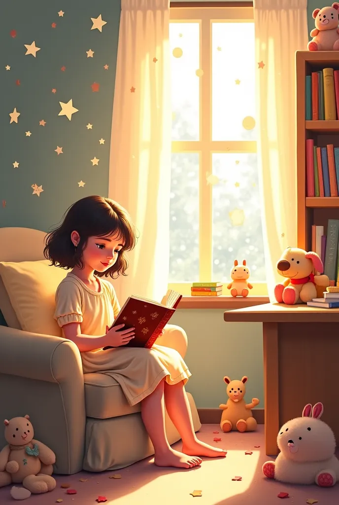 Here’s the refined prompt with the girl reading a book:  

**Prompt:**  
"A cozy and warmly lit bedroom bathed in soft sunlight, with pastel-colored walls and plush toys scattered around. A  girl sits peacefully on a cushioned chair near a wooden desk, eng...