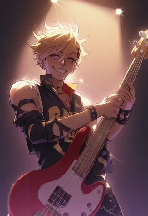 Rockstar anime boy, grin, piercings, best quality, ftm, bass guitar, lighting, punkrock, sexy, 