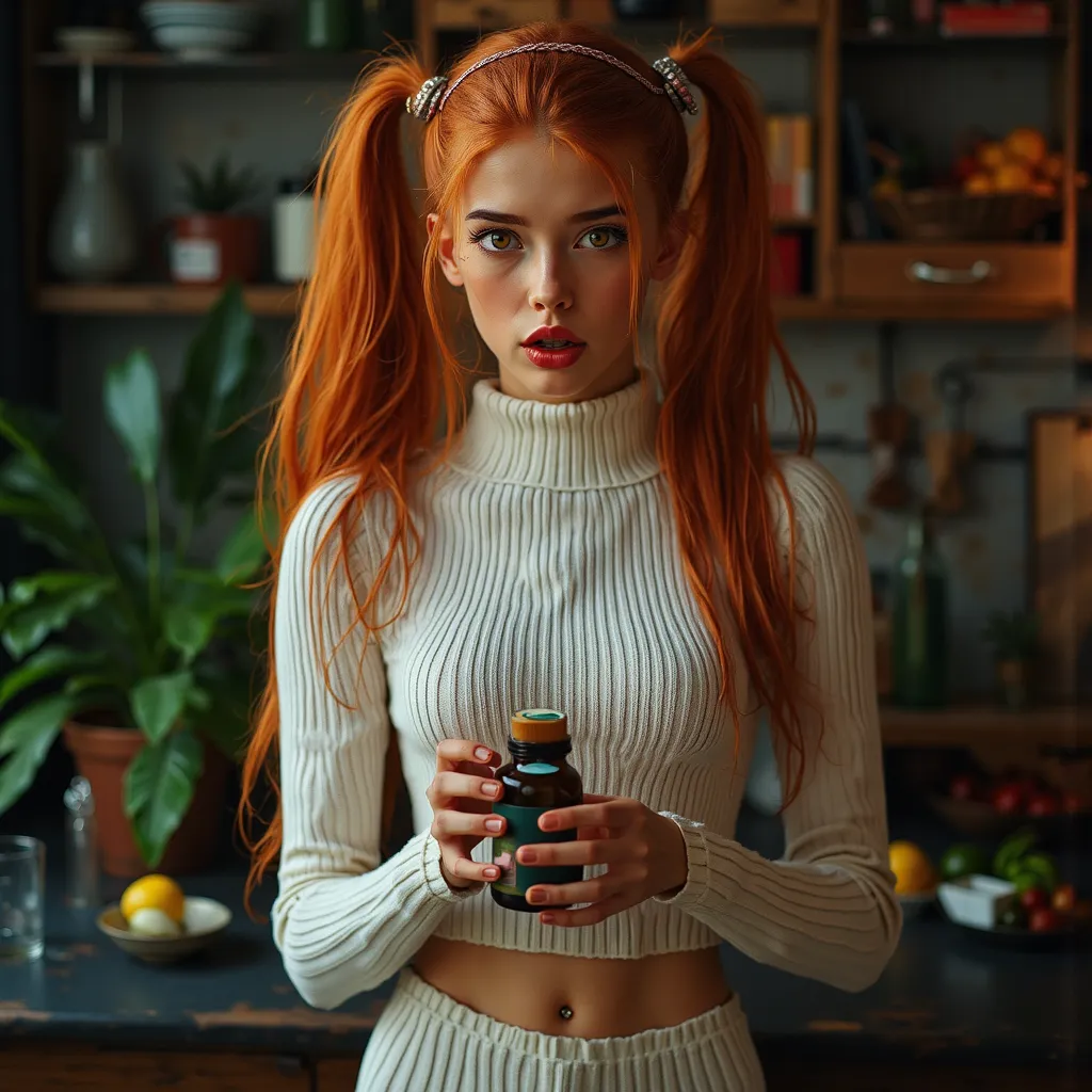 An ultra-realistic masterpiece of cinematic photography, Top quality, one молодая девушка, holds a bottle of vitamins in his hands, one, They are standing, lips slightly open, redheads, two ponytails,  Very long red hair ,  yellow eyes, hair band, Huge bre...